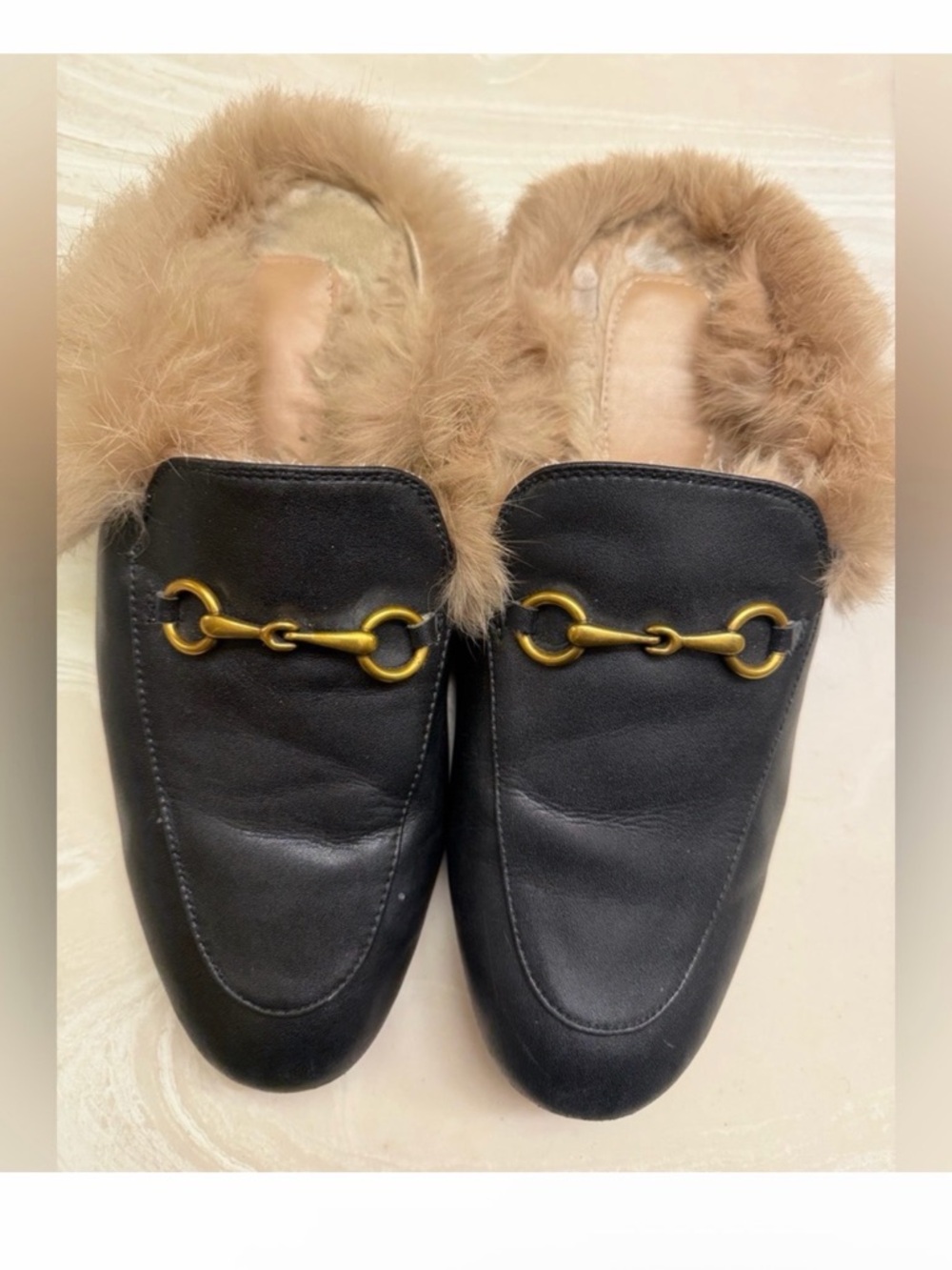 Black Fur-Lined Women's Leather Slip-On Loafers @“—